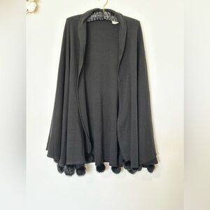 Nina Leonard Wool Blend Black Cape with Fur Pom-Pom Trim One Size